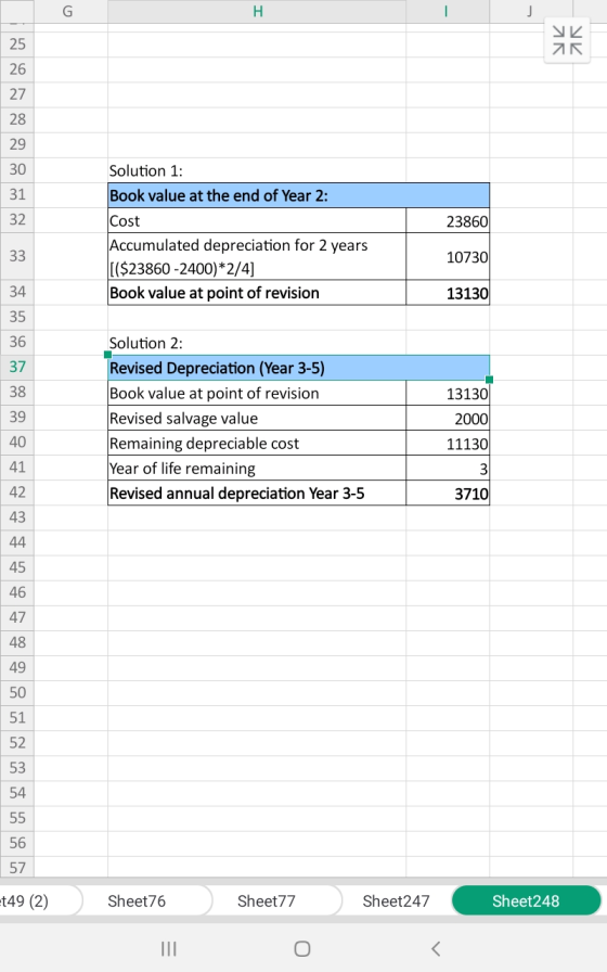 G Н J 25 26 27 28 29 Solution 1 30 Book value at the end of Year 2: 31 32 Cost 23860 Accumulated depreciation for 2 years [($