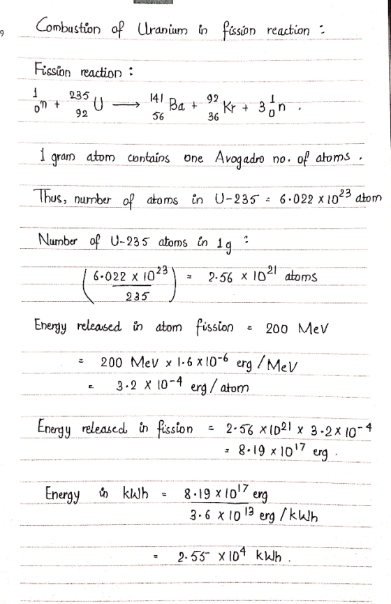 Combustion oP Ulranüum tn Pssin reaction - Fission reaction 235 92 0 2 56 36 1 gram atom contains one Avogadro no. of ahorms