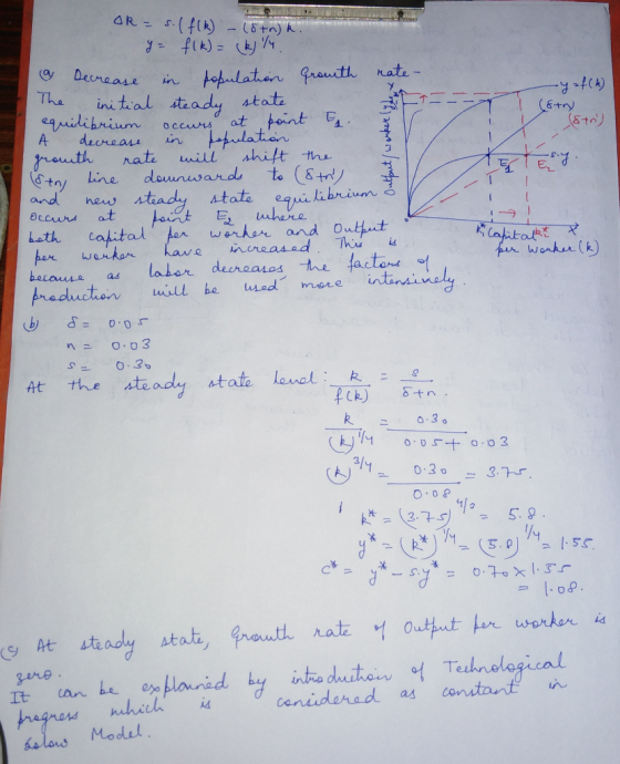 - 18+n) k. -y=f(k) (stn) Output / werke Ak - s. (fik) y = f(k)= (kily. a Decrease in population Growth The initial steady sta