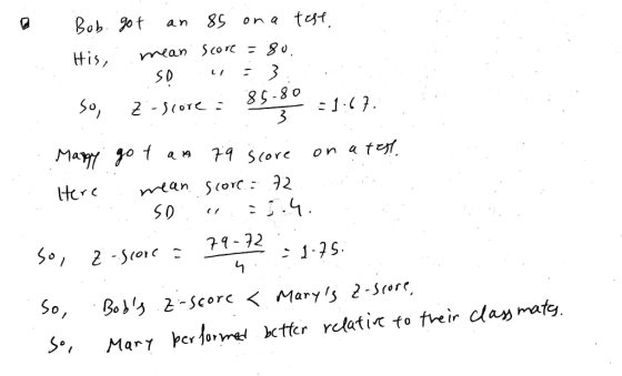 80. Bob got 85 on a test mean score = SD 3 son Z-score = -1.67 His; 85-80 3 79 score Margy got an on a tell Here mean scorc: