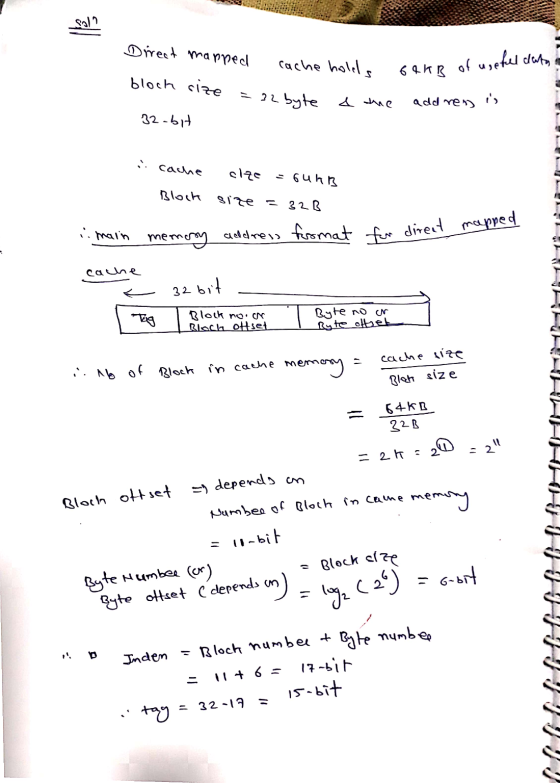 Sala Direct marned cache holes GOKB of useful leta block size = 32 byte & the add re) is 32-bit cache size = 6unB Block size