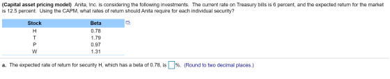 (Capital asset pricing model) Anita, Inc. is considering the following investments. The current rate on Treasury bills is 6 p