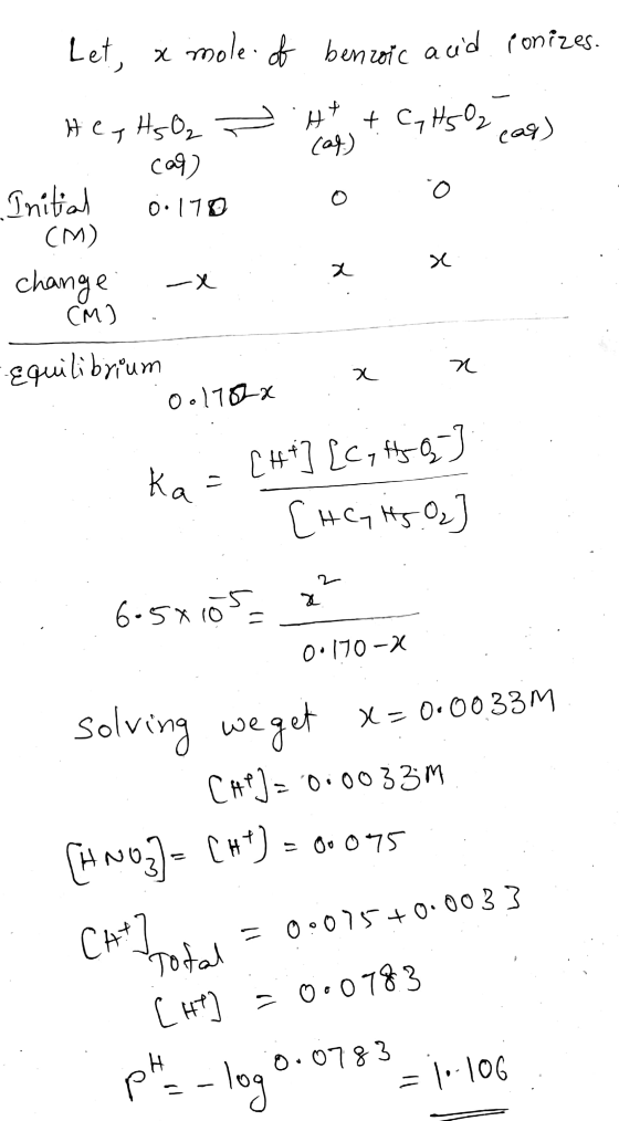 Let, x moled benzoic acid ponizes. Ht tcq H502 a) (af) Hegts O₂ caq). Initial 0:1700 CM) o o x x changes -x - CM) . - Equili
