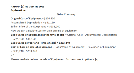 Answer: (a) No Gain No Loss Explanation: Strike Company Original Cost of Equipment = $274,400 Accumulated Depreciation = $41,