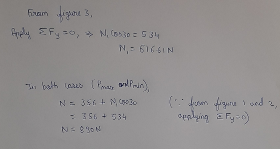 From figure 3, Apply Efy =o, N, Cos 30 = 534 N, = 616.61N In both cases (Pmase and Prin), N = 356+ N, Cos30 = 356 + 534 N = 8