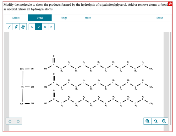 Modify the molecule to show the products formed by the hydrolysis of tripalmitoylglycerol. Add or remove atoms or bond as nee