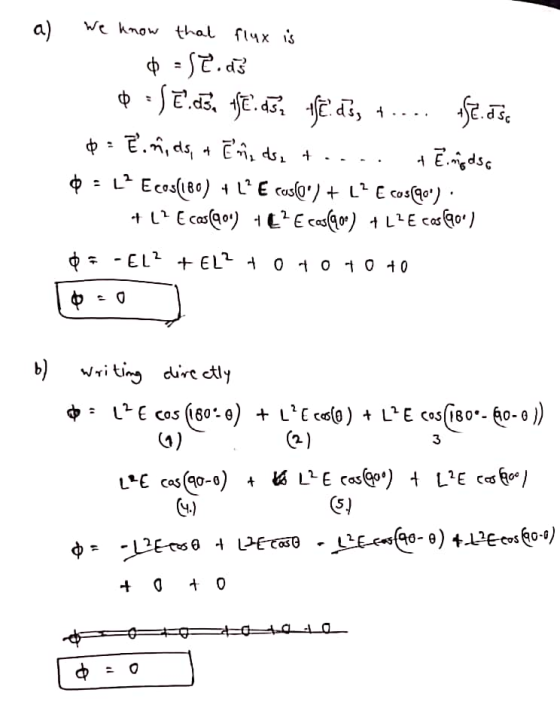 a) we know that flux is = 52.03 0 = SE.ds. 118.d.57 11€.ds, +.... .dse $ = ē.nids, + E mio the to... +Ē.modsa 0 = Ecos(180)