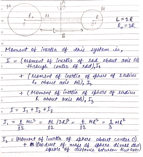 M Ro & 10 L = 2R Ro=3R t 11 ति 12 1 I = 2 3 Moment of inertia of this system is, (moment of inertia of rod about axis AB thro