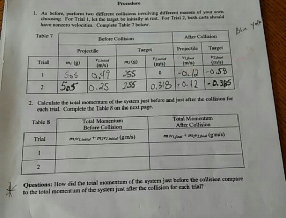 Procedure I. As before, perform two different collisions involving different masses of your own choosing. For Trial 1, let th