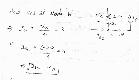 Now KCL at Node b + & Ni Na Zan II, 13A Na Isc + ca 3 4 b Isc 3 Ise + (-24) = 3 4 - Isc = 9A