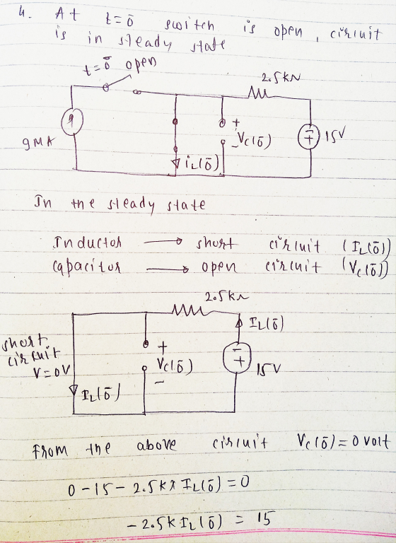 44. At is t= Switch in steady state is open cirinit t=0 open 2.5kn ДАА Velo) ) ISV IMA illo IN the steady state Inductol Capa