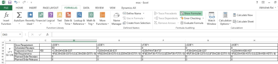 XUS ? mos - Excel Dynamics AX FILE HOME INSERT PAGE LAYOUT FORMULAS DATA REVIEW VIEW Abhishek Rai fx Σ Calculate Now Insert F