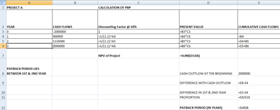 C 1 PROJECT A CALCULATION OF PBP Discounting Factor @ 10% CUMULATIVE CASH FLOWS 2 YEAR 30 4 1 5 2 CASH FLOWS -2000000 900000