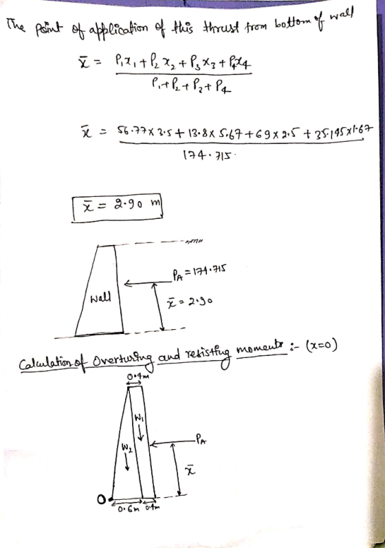 Val The point of application of this thrust from bottom of was x= Pix, + P2 X₂ + P₂ X ₂ + Poleg - Piept Pzt Pq x = 56.77X3.5