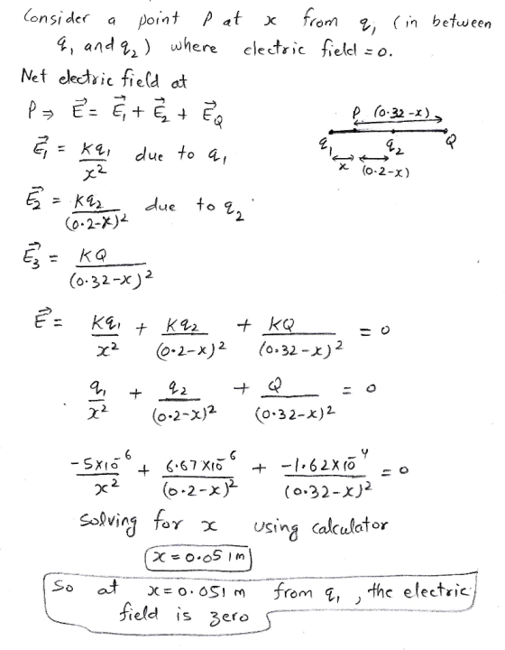 onside( a point at x from 2, ( in befween 4, and%) where electric fell:0 Net decdic field at p (0.32-x) x (o-2-x) tie 2 0-32-