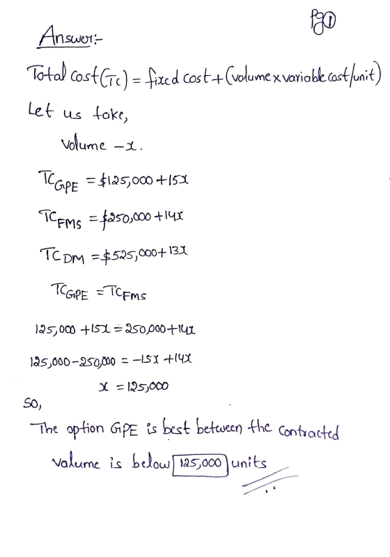 1:- go Answer: Total cost(e) – fixed cost +(volumex variable cast finit, Let us take, volume us. TCape = $125,000 +152 TCFMS