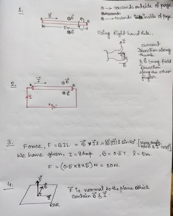 1 . 5m current along the other F = BIL =BxTl-1811712 sin 90 I 1390 towards outside of page. I Bytowards OB towards and inside