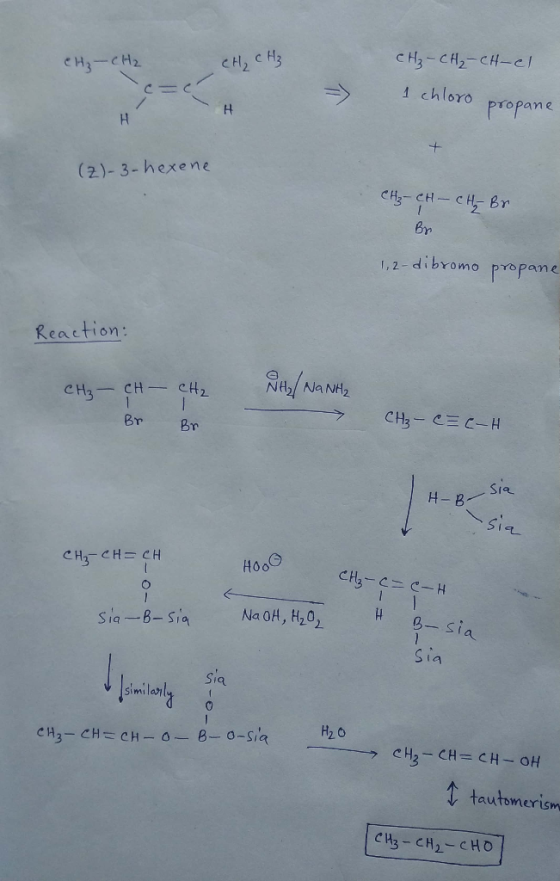CH₂ - CH₂ CH₂ CH₂ сH - CH,-с-с => 1 chloro propane (z)-3-hexene CH3-CH - CH₂ Br Br 1,2-dibromo propane Reaction: CH₃ - CH - C