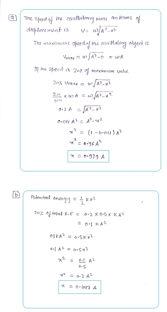 the speed of me ascillattong muss im derms of displacement is Vi (A?-12 The maximum speed of the oscillating object is Vmax =