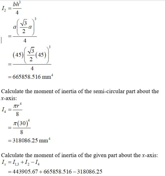 = 665858.516 mm Calculate the moment of inertia of the semi-circular part about the x-axis: T(30) 8 = 318086.25 mm Calculate