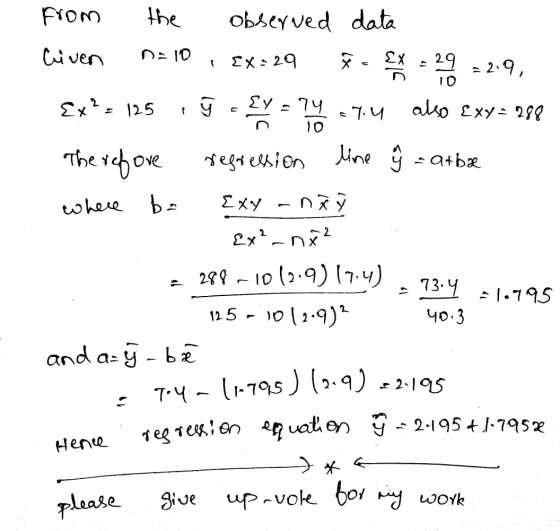 29 = 2.9, 10 9.2 from the observed data Civen n10 I EX-29 Feet EX Ex2 125 -74 =74 also Exy=288 10 Therefore regression line ŷ