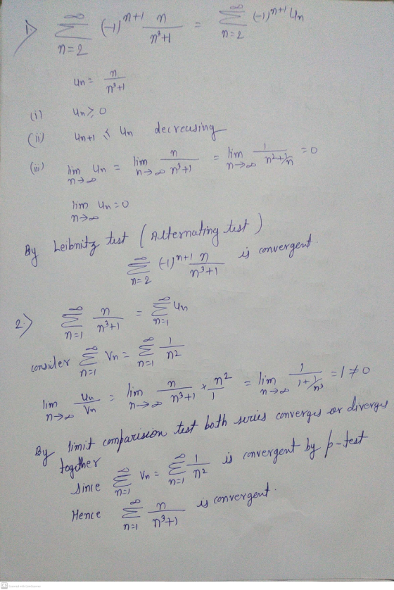 nt n (nt - NH n = 2 n=2 Un 2 m mu (i Uny, o decreasing Untl & Un lim (13) lim nont lim Un = no sen lim Unco no by Leibnitz t