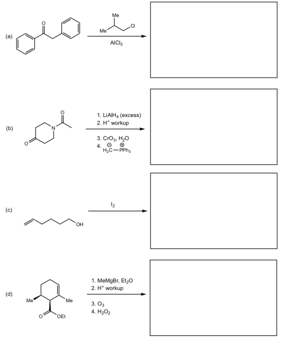 Me CI Me (a) AICI: 1. LiAIH4 (excess) 2. He workup (b) 3. CrO3, H2O 4 0 H2C-PPha را (c) OH 1. MeMgBr, Et20 2. H+ workup (d) M
