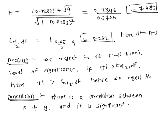 J 1-10.928232 ith 7 tk/ 210f ta (0.9282) +59 2-7846 7.483 0.3720 here df-n-2 df L 2.262 Decision : we reject Ho at find) $100
