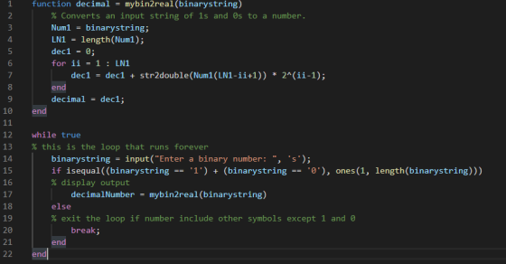 function decimal = mybin2real(binarystring) % Converts an input string of 1s and Os to a number. Num1 = binarystring; LN1 = l