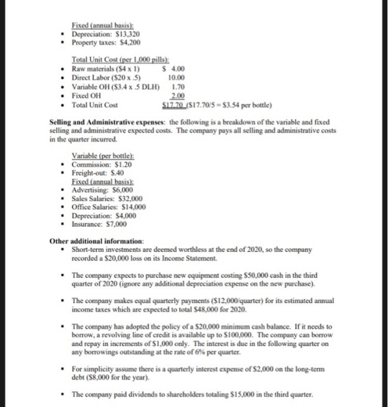 Fixed (annual basis): • Depreciation: $13,320 • Property taxes: $4,200 Total Unit Cost (per 1,000 pills): Raw materials (S4 x