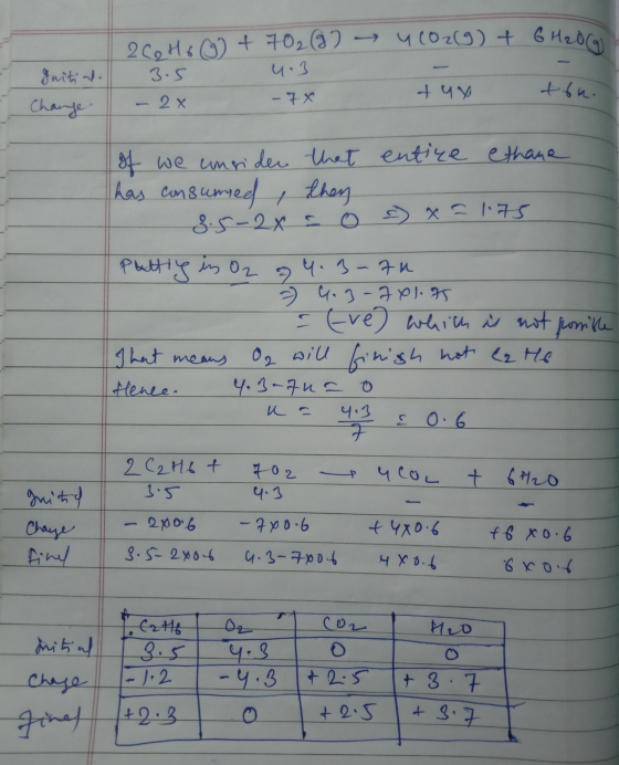 2 CoHo G) + 702(g) → u CO2(g) + 6H₂O(g 3.5 4.3 guitiala Change tuy ton. -7X - 2x of we unsider that entice ethane has consume