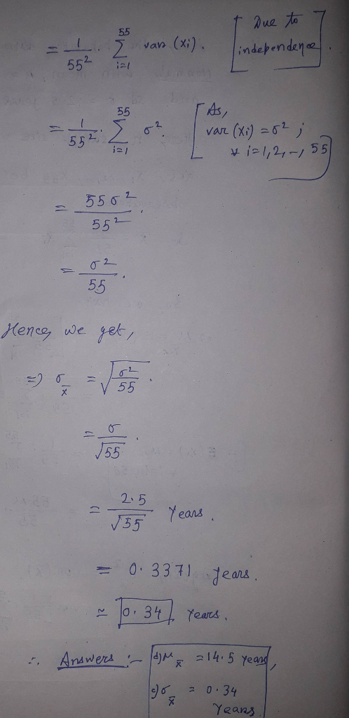 - t Due to 7 lindependence. vars (xi). - (8) intendente 552 I As, var (xi) = 82 ; & 1=1,2,- 155 5502 552 Hence, we get, V 35