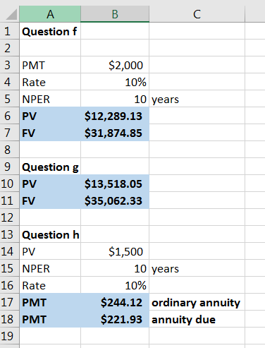 А В C 1 Questionf 2 3 РМТ 4 Rate $2,000 10% 5 NPER 10 years $12,289.13 6 PV 7 FV $31,874.85 9 Question g $13,518.05 10 PV $35