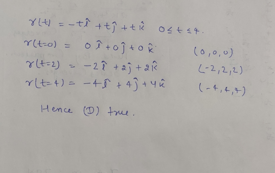 olt = -tê tth t tê Ost24 r(t=o) = o ê toj to R (0,0,0) 8(t=2) - 2ê +2j+2 (-2,2,2) r(t=4) = -4 ł +43 +4 ů (-4,4,7) Hence (1) t