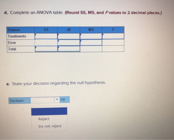 d. Complete an ANOVA table. (Round SS, MS, and Fvalues to 2 decimal places.) Source SS df MS Treatments Error Total e. State