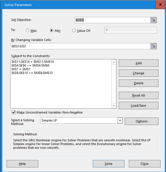Solver Parameters Set Objective: 5053 TO: O Max Min value of: By Changing Variable Cells: $B$3:$J$3 Subject to the Constraint