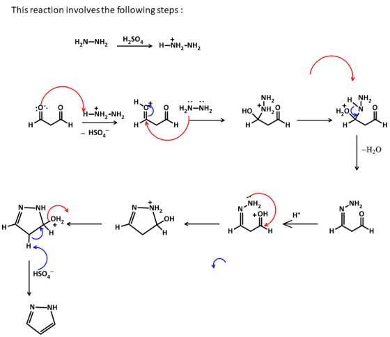 This reaction involves the following steps: HẠN-NH, H2SO4, H-NH,-NH, Η ΝΗ, O x | Na HO H–NH,-NH, Tp 7 HN-NH, .. H H - - HSO4