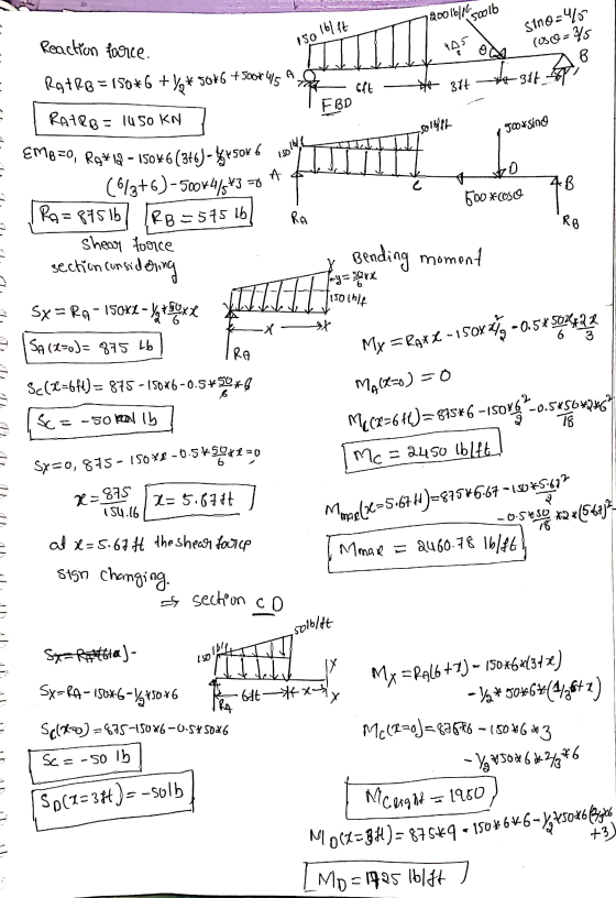 720016116coolb 150 16147 I pou sino=45 (oso = 3/5 Ekteek * 344 to 31 - oft EBD RO Reaction force. RatRB = 150*6 +%* 5046 +500