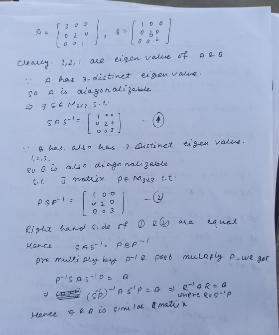 3 oo B - loo 02 oo 2 9 01 رو Clearly, 3,2, 1 are eigen value of Aeo has 3. distinct eigen value. A is diagonalizable 7 7 SE M