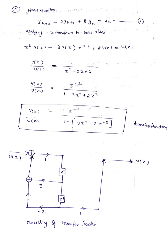 given equation, 39 KPI +8Yk UK K+2 applying a z doansform to both sides z² ulz) - 3412) z 2 2! & g 4/2) U(z) Y(z) U12) 2² - 3