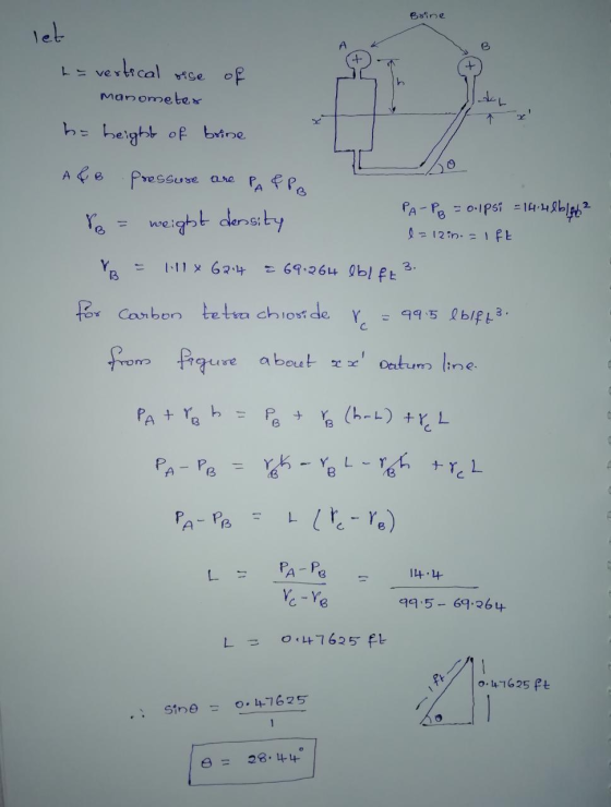 Boine let ha vertical rise of Manometer b= height of brine l=12 in. = IFE A&B Pressure are PA EPB PA-P₂ = 0.1psi = 14:41blgh?