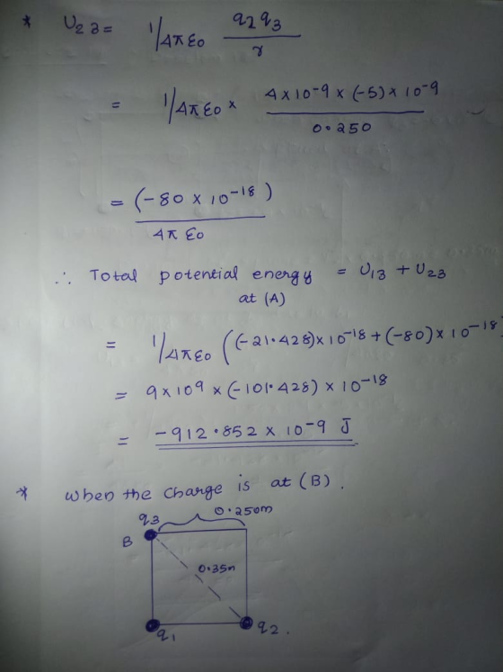U₂ 3 = laneo 9293 7 llaneox 4 X 10-9 x (-5) x 10-9 0.250 (-80 x 10-18) 42 Co U13 + U23 Total potential energy at (A) Vaneo