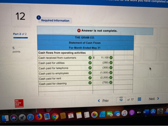 II WUIR you have completed s Required information & Answer is not complete. Part 2 of 2 points $ THE GRAM CO. Statement of Ca