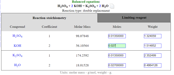 Balanced equation: H2SO4 + 2 KOH = K2SO4 + 2 H20 Reaction type: double replacement ) Reaction stoichiometry Limiting reagent