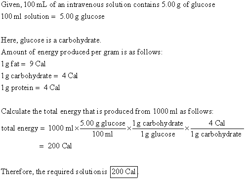 Given, 100 mL of an intravenous solution contains 5.00 g of glucose 100 ml solution 5.00 g glucose Here, glucose is a carbohy