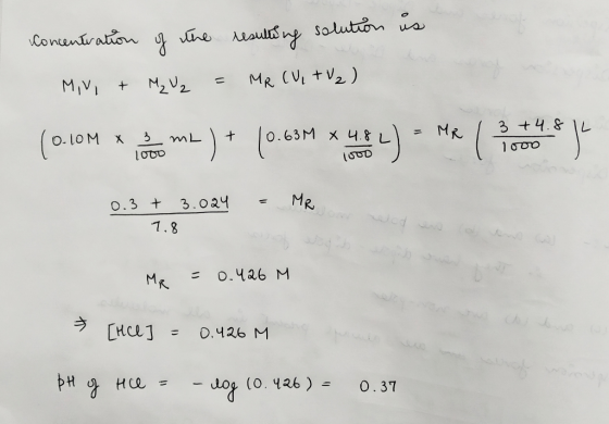 Concentration of the resulting solution us MVI + M₂ U2 = MR CV, + V₂) GBM xv 1 = MRI 3 +4.8 L (0.10M * to me ) + (0.63M 4) MR
