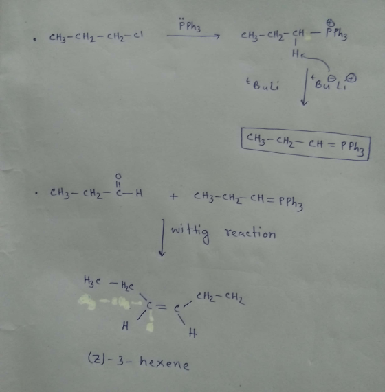 PPh3 . CH3-CH2-CH2-Cl CH₂ - CH₂ « He tBuli CH₂ - CH₂ - CH =P Phz . СН3-СН2-СН + СН3-СН2-СН = PPha wittig reaction He - he - Н