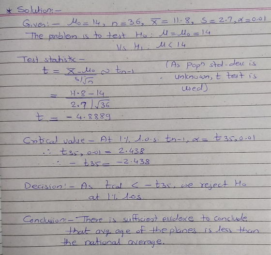 * Solution: - Gives: - Mo=14, n=36, X = 11:8, S=2.7&=0.01 The problem is to test Ho M=Mo = 14 Is Hi le 14 Test statistica t =