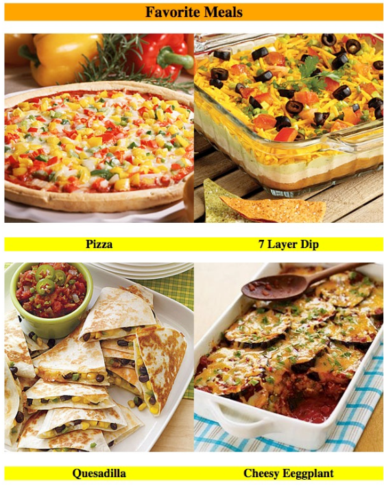 Favorite Meals Pizza 7 Layer Dip Quesadilla Cheesy Eeggplant