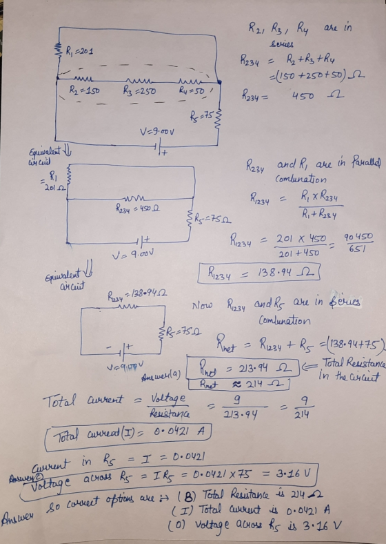 R234 R3=250 I+ R,234 Answey so correct options are in (B) Total Resistance is 2142 R21 R₂, Ry are in series R, 2201 R₂ + R3 t